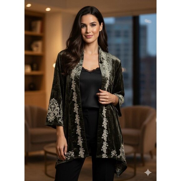 Andree by Unit Womens Cardigan Embroidered Velvet Open Front Kimono Sz S Boho - Picture 1 of 5